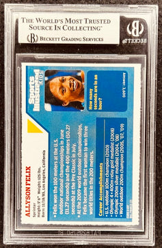 Allyson Felix autographed sports card, graded by Beckett, featuring career stats and achievements.