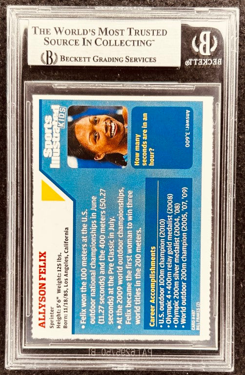 Allyson Felix autographed sports card, graded by Beckett, featuring career stats and achievements.