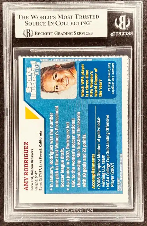 Amy Rodriguez soccer card, graded by Beckett, featuring her achievements and stats from Sports Illustrated Kids.