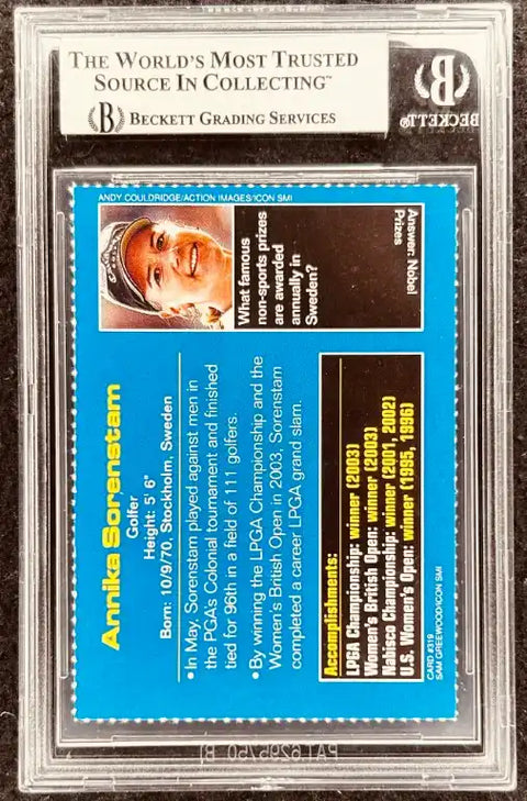Annika Sorenstam golf card in Beckett graded case, showcasing career achievements and stats