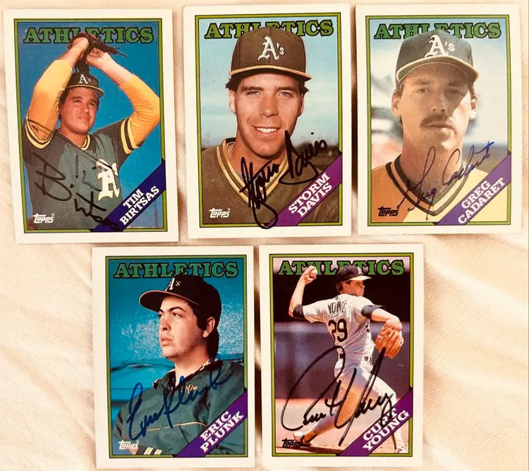 5 signed Oakland A's 1988 Topps cards Storm Davis Curt Young Cadaret Plunk - AutographsForSale.com