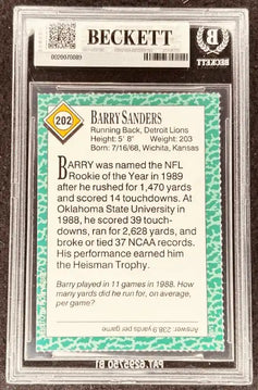Barry Sanders NFL Rookie of the Year 1989 autographed trading card, graded Beckett, Detroit Lions memorabilia