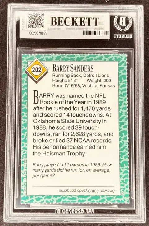 Barry Sanders NFL Rookie of the Year 1989 autographed trading card, graded Beckett, Detroit Lions memorabilia