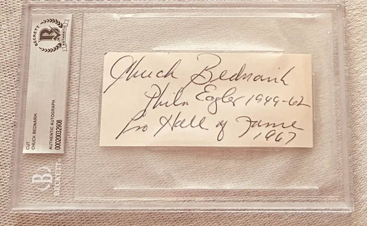 Chuck Bednarik authentic signed cut autograph displayed in Beckett slab holder