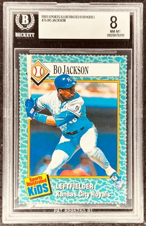 1989 Sports Illustrated for Kids Bo Jackson baseball card, graded Beckett 8, Kansas City Royals leftfielder