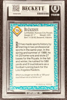 Bo Jackson autographed trading card, graded Beckett, featuring MLB and NFL stats, Kansas City Royals, Los Angeles Raiders