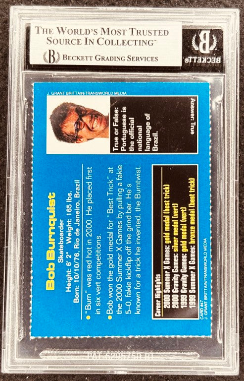 Bob Burnquist skateboarder autographed trading card, Beckett graded, featuring career highlights and stats