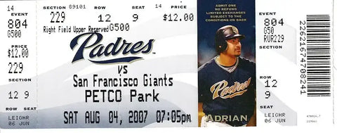 San Diego Padres vs San Francisco Giants ticket at PETCO Park, Aug 4, 2007, featuring Adrian Gonzalez