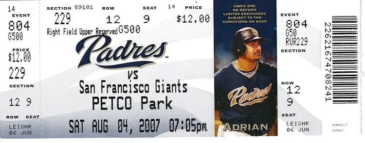 San Diego Padres vs San Francisco Giants ticket at PETCO Park, Aug 4, 2007, featuring Adrian Gonzalez