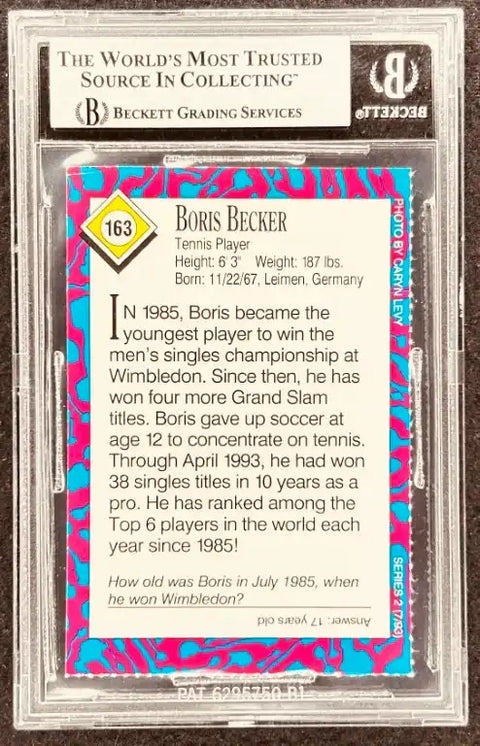Boris Becker tennis player autographed trading card, graded by Beckett, featuring career highlights and stats.