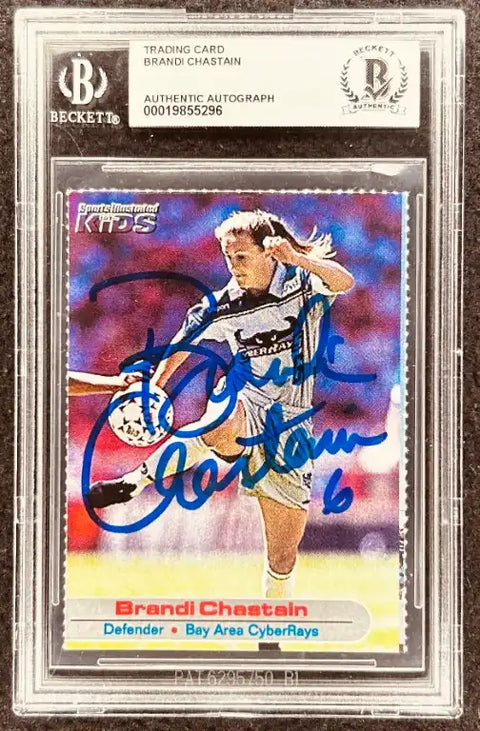 Brandi Chastain autographed soccer trading card, Beckett authenticated, Bay Area CyberRays defender