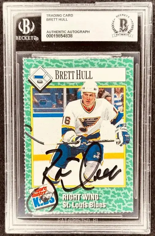 Brett Hull signed St. Louis Blues 1990 SI for Kids card BAS slab - AutographsForSale.com