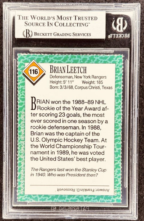 Brian Leetch signed Rangers 1990 SI for Kids card BAS (back)
