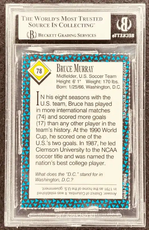Bruce Murray soccer card, graded by Beckett, featuring U.S. Team stats and 1990 World Cup highlights