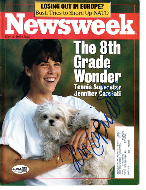 Autographed Newsweek magazine cover featuring tennis star Jennifer Capriati holding a dog, May 14, 1990 issue