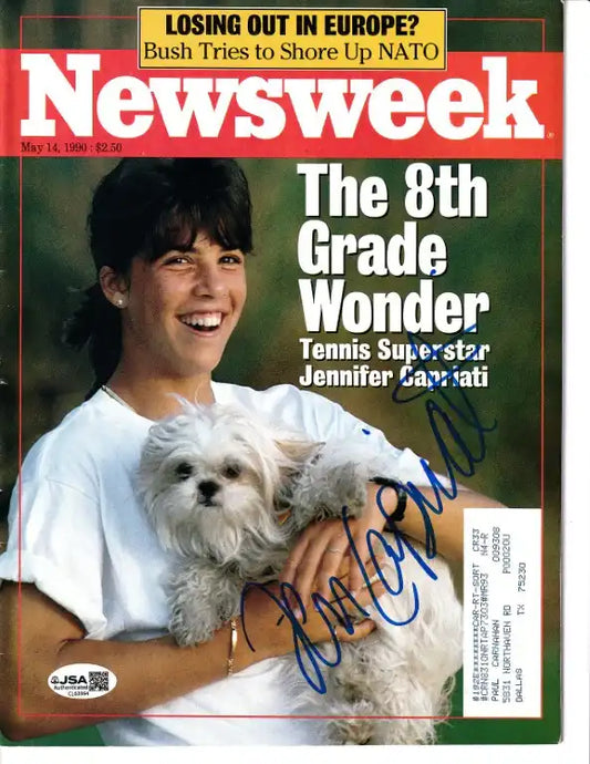 Autographed Newsweek magazine cover featuring tennis star Jennifer Capriati holding a dog, May 14, 1990 issue