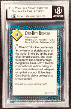 Cara-Beth Burnside skateboarder trading card, Beckett graded, featuring bio and stats