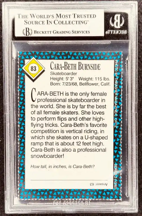 Cara-Beth Burnside skateboarder trading card, Beckett graded, featuring bio and stats