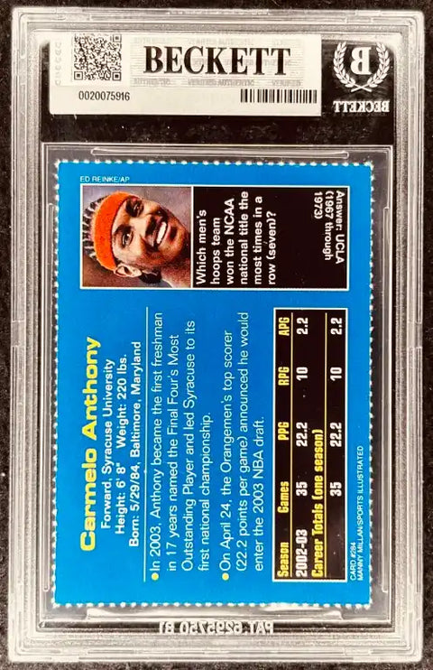 Carmelo Anthony 2003-04 Fleer Authentix basketball card, graded Beckett, featuring stats and bio from Syracuse University.