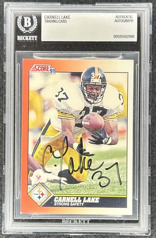 Carnell Lake signed Pittsburgh Steelers 1991 Score card BAS slab - AutographsForSale.com