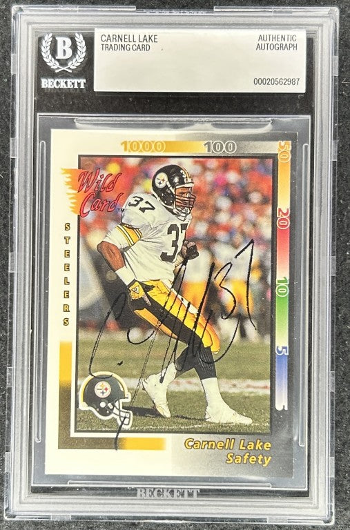 Carnell Lake autographed Steelers 1992 Wild Card card BAS slab - AutographsForSale.com