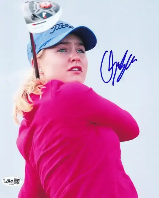 Signed golf photo of player in pink shirt and Titleist cap, JSA authenticated autograph