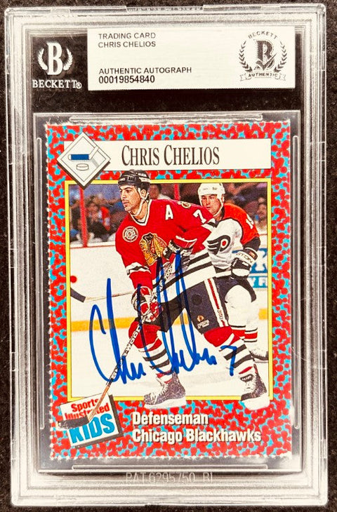 Chris Chelios signed Blackhawks 1991 SI for Kids card BAS