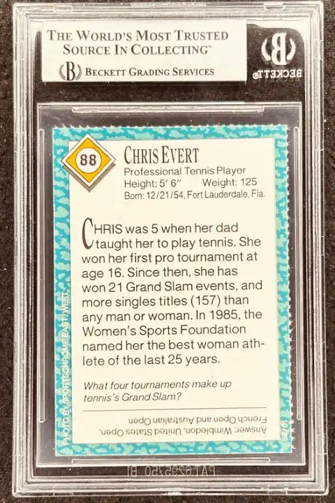 Chris Evert tennis card graded by Beckett, featuring her career stats and achievements