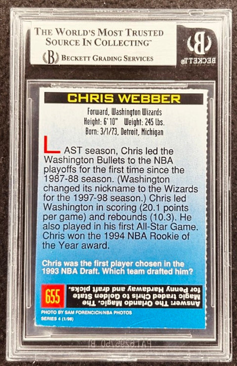 Chris Webber signed Wizards 1998 SI for Kids card BAS (back)