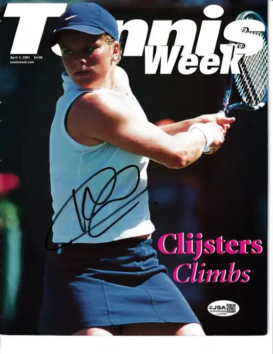 Autographed Tennis Week magazine cover featuring tennis player Clijsters in action, JSA authenticated