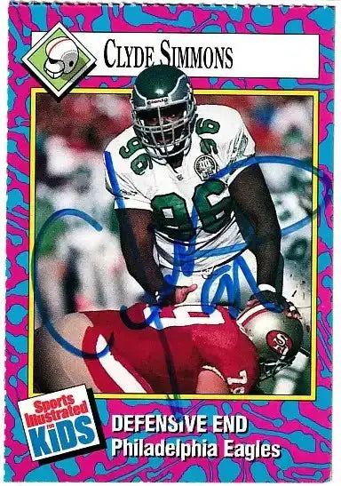 Clyde Simmons autographed SI for Kids card - defensive end for the Philadelphia Eagles, signed in blue Sharpie