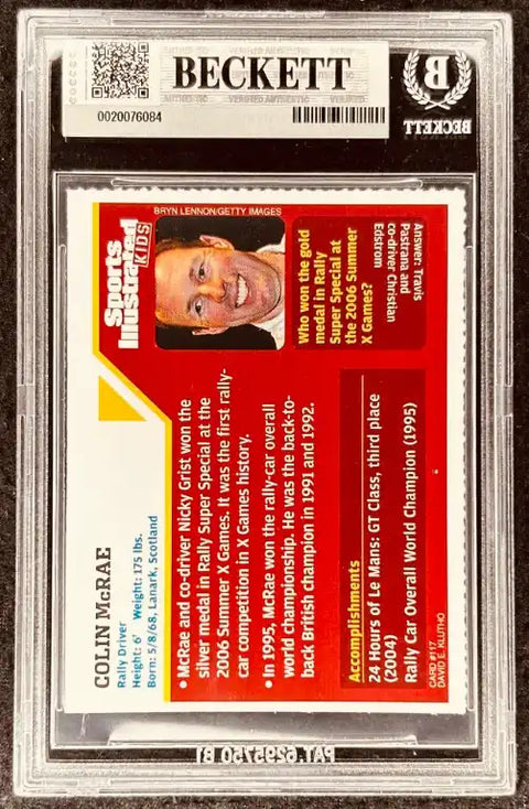 Colin McRae autographed Sports Illustrated Kids card, graded Beckett, featuring rally racing achievements and stats.