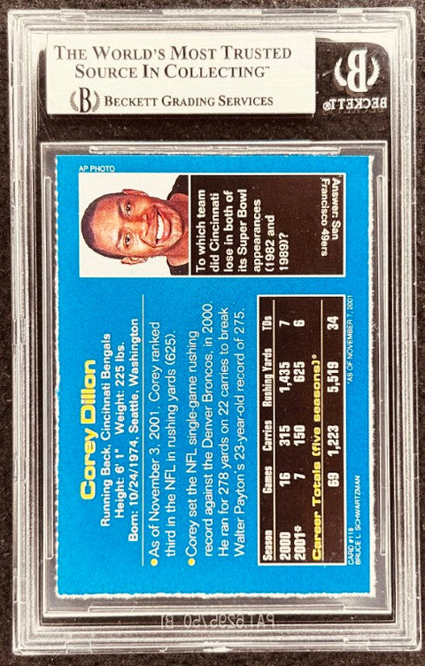 Corey Dillon signed Bengals 2002 SI for Kids card BAS (back)