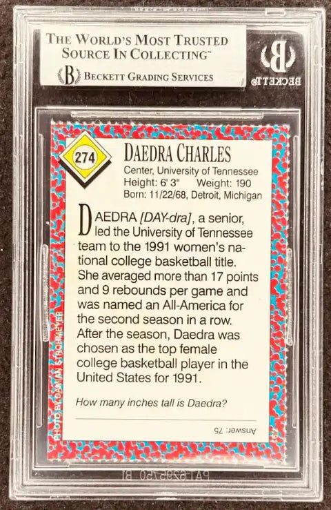 Daedra Charles 1991 NCAA basketball card, Beckett graded, University of Tennessee center, authentic collectible