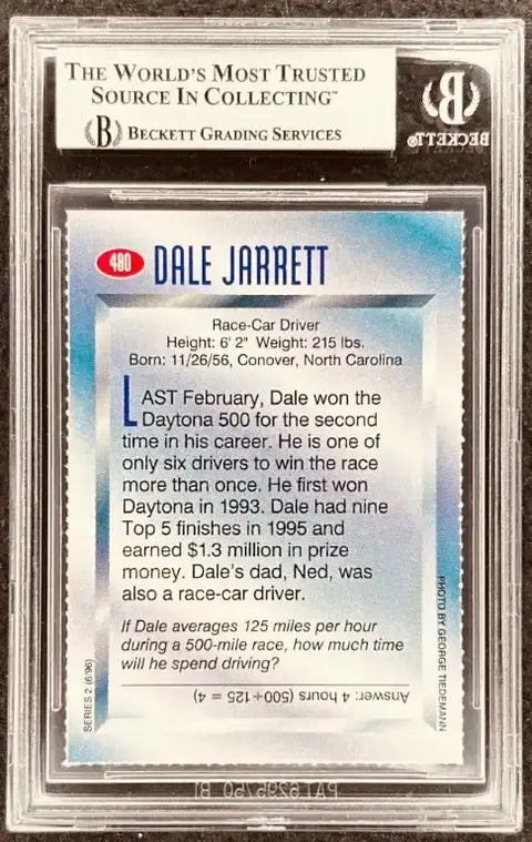 Dale Jarrett racing card, graded by Beckett, featuring stats and Daytona 500 achievements