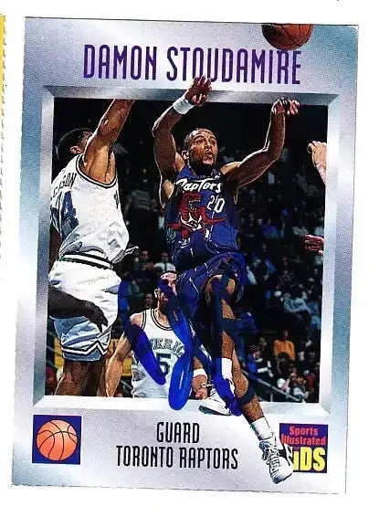 Damon Stoudamire autographed SI for Kids card - guard for the Toronto Raptors, signed in blue Sharpie