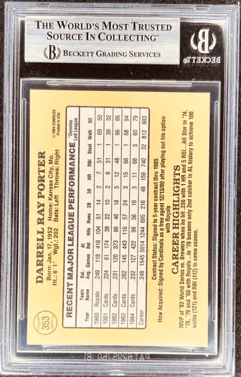 Darrell Porter signed St. Louis Cardinals 1985 Donruss card BAS slab - AutographsForSale.com