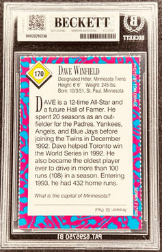 Dave Winfield baseball card, Beckett authenticated, Minnesota Twins, Hall of Fame, 1992