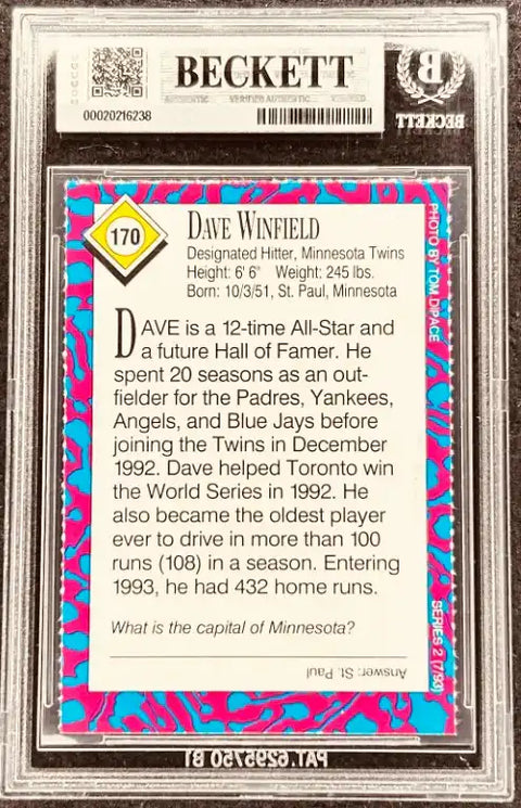 Dave Winfield baseball card, Beckett authenticated, Minnesota Twins, Hall of Fame, 1992