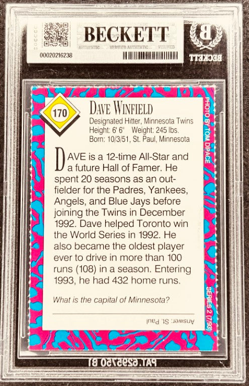 Dave Winfield baseball card, Beckett authenticated, Minnesota Twins, Hall of Fame, 1992