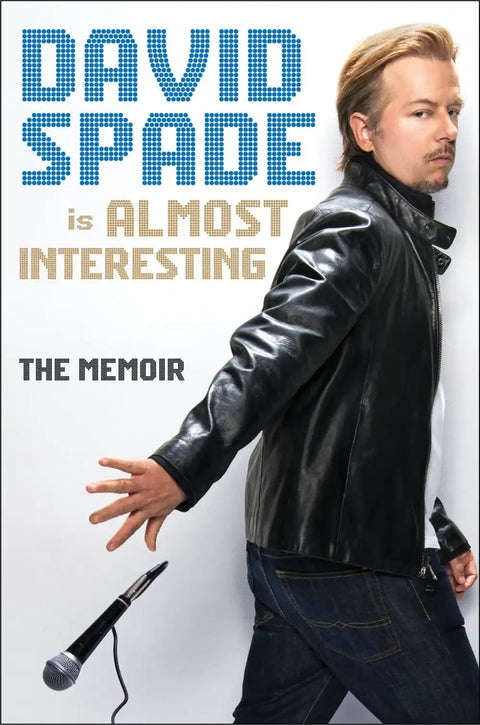 David Spade memoir book cover, signed autograph, comedian, leather jacket, microphone