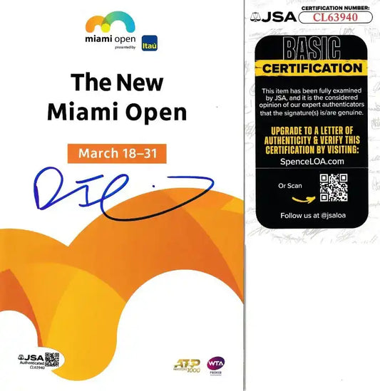 Autographed Miami Open tennis event poster with JSA certification, signed by player, ATP WTA logos