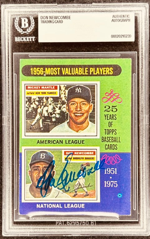 Don Newcombe autographed 1956 Topps baseball card, authenticated by Beckett, featuring Mickey Mantle and Brooklyn Dodgers.