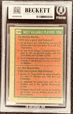 1956 Topps Most Valuable Players baseball card featuring Mickey Mantle & Don Newcombe, graded Beckett
