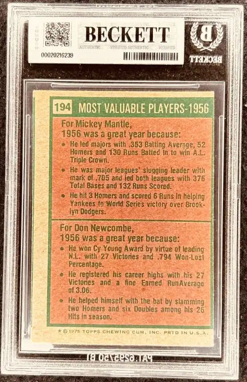 1956 Topps Most Valuable Players baseball card featuring Mickey Mantle & Don Newcombe, graded Beckett