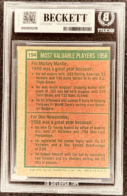 1956 Topps Most Valuable Players baseball card featuring Mickey Mantle & Don Newcombe, graded Beckett