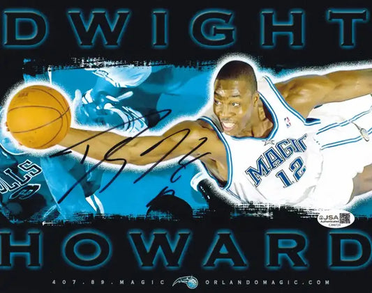 Signed photo of NBA player in Orlando Magic jersey making a dunk, basketball memorabilia.