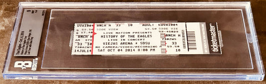 The Eagles 2014 concert ticket stub, History of the Eagles tour, Viejas Arena, San Diego, encapsulated in Beckett case