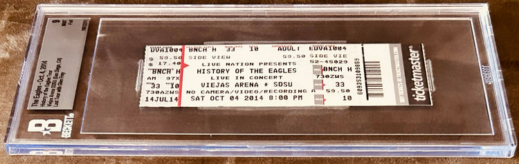 The Eagles 2014 concert ticket stub, History of the Eagles tour, Viejas Arena, San Diego, encapsulated in Beckett case
