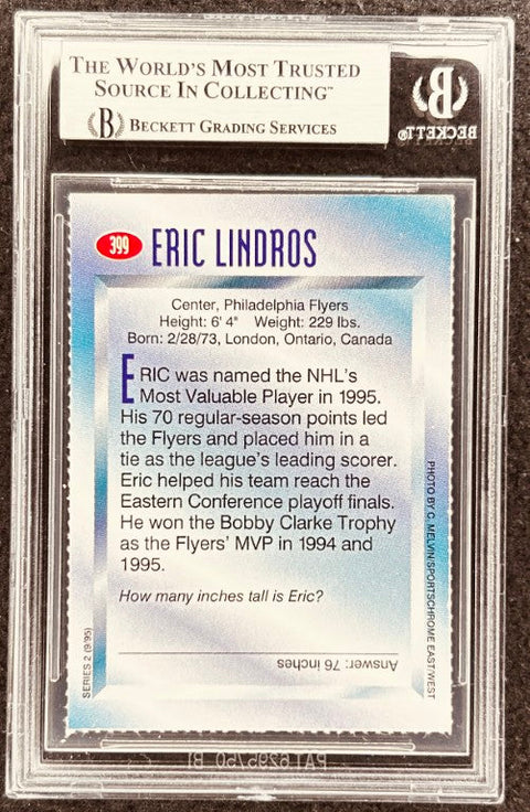 Eric Lindros signed Flyers 1995 SI for Kids card BAS (back)